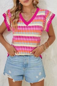 Rose Red Colorblock Ruffle Cap Sleeve Knitted Top (size: (US 4-6)S)
