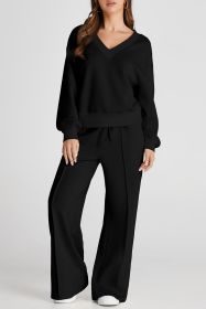 Black V Neck Cropped Sweatshirt & Seamed High Waist Pants Set (size: (US 8-10)M)
