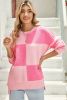 Pink Checkered Color Block Striped High Low Sweater