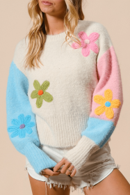Multicolour Cute Flower Colorblock Knit Sweater (size: (US 4-6)S)
