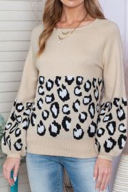 Khaki and Animal Print Color Block Raglan Sleeve Knit Pullover Sweater (size: (US 4-6)S)
