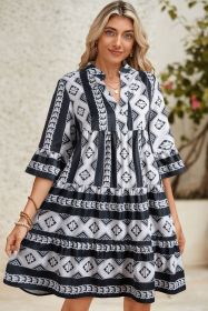 Black Abstract Print Bell Sleeve V Neck Boho Dress (size: (US 4-6)S)