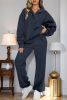 Navy Blue Solid Color Collared Sweatshirt and High Waist Pants Set