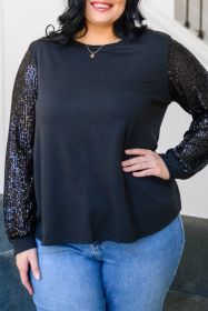 Black Sequin Contrast Long Sleeve Plus Size Top (size: (US 22-24)3X)