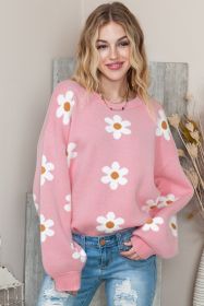 Pink 60s Floral Pattern Drop Shoulder Pullover Knit Sweater (size: (US 4-6)S)