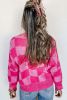 Pink Checkered Drop Shoulder Buttoned V Neck Cardigan