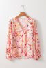 Pink Floral Print V-Neck Lantern Sleeve Blouse