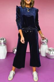 Navy Blue Velvet Ruffle Shoulder Wide Leg Pants Set (size: (US 8-10)M)