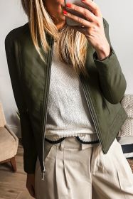Sage Green Faux Leather Pockets Round Neck Zipper Jacket (size: (US 4-6)S)