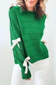 Bright Green Bow Knot Cut Out Round Neck Loose Sweater (size: (US 12-14)L)