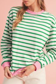 Bright Green Striped Contrast Trim Long Sleeve Top (size: (US 12-14)L)