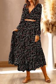 Black Floral Print V Neck Cropped Top Midi Skirts Set (size: (US 8-10)M)