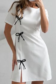 White Stripe New Chinese Bowknot Round Neck Short Dress (size: (US 4-6)S)