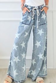 Light Blue Star Print Light Wash Drawstring High Waist Wide Leg Jeans (size: 14)