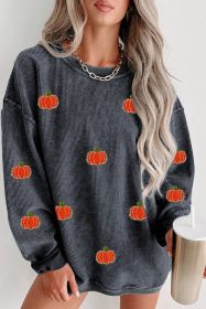 Gray Crinkle Ribbed Halloween Pumpkin Graphic Drop Shoulder Sweatshirt (size: (US 8-10)M)