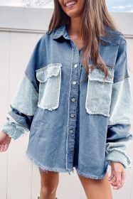 Dark Blue Patchwork Raw Hem Oversized Denim Shacket (size: (US 8-10)M)