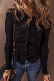Black Plain Ribbed Knit Collared Slim Fit Cardigan (size: (US 8-10)M)