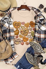 Khaki Thanksgiving Candy Heart Letter Graphic Round Neck Tee (size: (US 8-10)M)