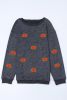 Gray Crinkle Ribbed Halloween Pumpkin Graphic Drop Shoulder Sweatshirt