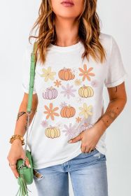 White Floral Pumpkin Graphic Crewneck T Shirt (size: (US 8-10)M)