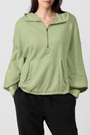 Smoke Green Half Zipper Kangaroo Pockets Drop Shoulder Hoodie (size: (US 8-10)M)