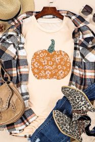 Khaki Sweet Floral Pumpkin Graphic Tee (size: (US 8-10)M)