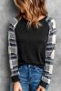 Blank Sweatshirt - Monochrome Plaid Long Sleeves Black Pullover Top Customized