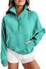 Sea Green Zip Up Stand Collar Ribbed Thumbhole Sleeve Sweatshirt