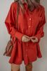 Tomato Red Bishop Sleeve Button-Up Pleated Mini Shirt Dress