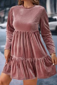 Apricot Pink Plus Size Velvet Ribbed Tiered Ruffle Mini Dress (size: (US 22W-24W)3X)