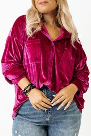 Bright Pink Plus Size Velvet Chest Pocket Drop Shoulder Shirt (size: (US 22W-24W)3X)