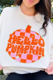 White Halloween Hello Pumpkin Patched Pullover Sweatshirt (size: (US 4-6)S)