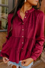 Burgundy Smocked Ruffle Tiered Button-up Shirt (size: (US 8-10)M)