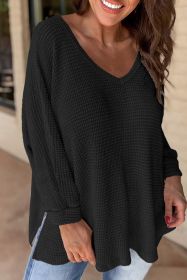 Black Waffle Knit Side Slits Loose Fit V Neck Top (size: (US 8-10)M)