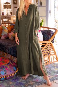 Green Crinkled Pocketed Side Slits Loose Maxi Dress (size: (US 4-6)S)