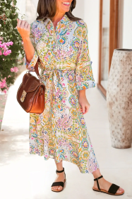 White Bohemian Paisley Print Knotted High Waist Midi Dress (size: (US 4-6)S)