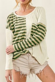 Khaki Striped Print Ribbed Color Block Long Sleeve Top (size: (US 4-6)S)