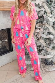 Rose Christmas Tree Print V Neck Tee and Pants Lounge Set (size: (US 8-10)M)