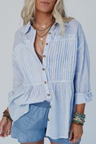 Sky Blue Striped Pleated Long Sleeve Peplum Shirt (size: (US 4-6)S)