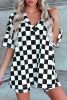 Black Checkered Print V Neck Pocketed Pajama Set