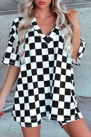 Black Checkered Print V Neck Pocketed Pajama Set (size: (US 8-10)M)