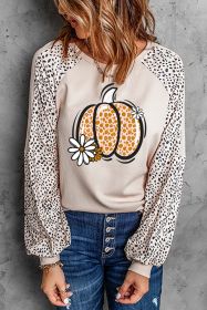 Khaki Leopard Floral Pumpkin Graphic Raglan Sleeve Sweatshirt (size: (US 12-14)L)