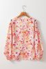 Pink Floral Print V-Neck Lantern Sleeve Blouse