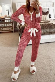 Red Stripe Buttoned V Neck Top and Knotted Waist Pants Pajama Set (size: (US 12-14)L)