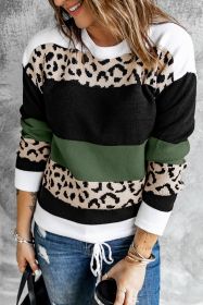 Green Leopard Color Block Casual Knit Pullover Sweater (size: (US 12-14)L)