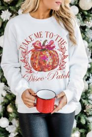 Beige Halloween Disco Ball Pumpkin Graphic Pullover Sweatshirt (size: (US 12-14)L)