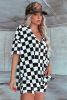 Black Checkered Print V Neck Pocketed Pajama Set