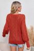 Orange Eyelet Lantern Sleeve Ribbed Trim Sweater