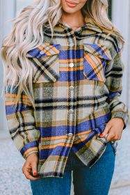 Blue Button Up Flannel Shacket with Flap Pocket (size: (US 12-14)L)