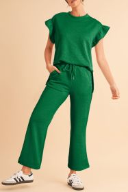 Dark Green Textured Ruffle Summer Top and Drawstring Pants Set (size: (US 8-10)M)